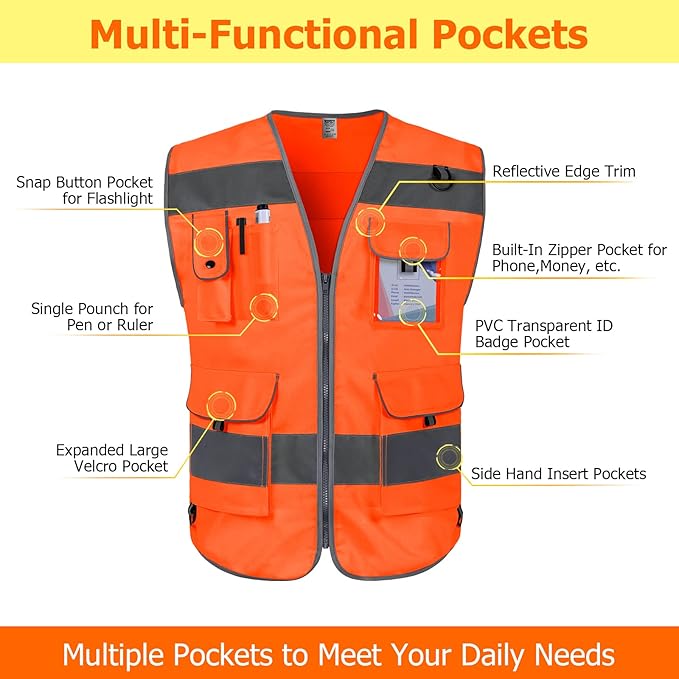 TCCFCCT Safety Vest 9 Pockets High Visibility Reflective Safety Vest for Men Women, Hi Vis Work Vest with Reinforced Sewing, Durable to Use, Meets ANSI/ISEA Standards, (Orange, 3X-Large)