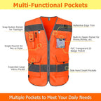 TCCFCCT Orange Safety Vest for Men Women 9 Pockets High Visibility Reflective Vest for Safety, Work Vest with Reflective Strips, Meets ANSI/ISEA Standards, Large
