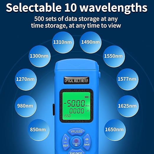 Rechargeable Optical Power Meter L-C50-50km mini Fiber Cable Tester Suitable for SC/FC/ST/LC Interface 4-in-1 Function Built-in 50km Visual Fault Locator RJ45 Network Testing with 1 FC-LC Adapter