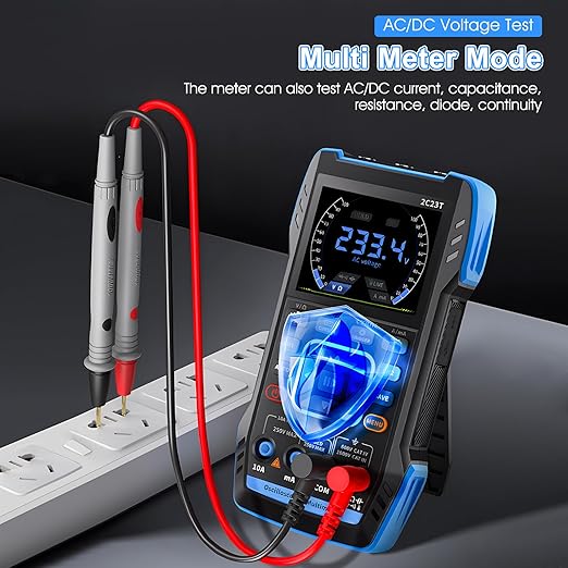 3 in 1 Handheld Oscilloscope Multimeter DDS Generator with 2 Channels, 10000 Counts, 10MHz Bandwidth, 50MSa/s Sampling Rate, AC/DC, Voltage, Current, Capacitance, Resistance, Diode, Continuity Test