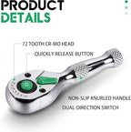 1/4 Inch Drive Ratchet Wrench, 1/4 Ratchet Wrench, 1/4 Drive Stubby Ratchet Socket Wrench, 72-Tooth, Reversible Cr-Mo Colorful Head, Chrome Steel - 3.54''/9cm