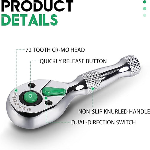 1/4 Inch Drive Ratchet Wrench, 1/4 Ratchet Wrench, 1/4 Drive Stubby Ratchet Socket Wrench, 72-Tooth, Reversible Cr-Mo Colorful Head, Chrome Steel - 3.54''/9cm