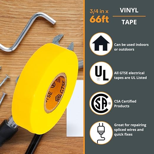 GTSE Yellow Electrical Tape, 1 Roll – Waterproof, Industrial Grade Vinyl, 3/4 in x 66ft– Strong Self-Adhesive PVC Electric Tape for Wire Insulation, 7 Mil, 600V – UL/CSA Listed