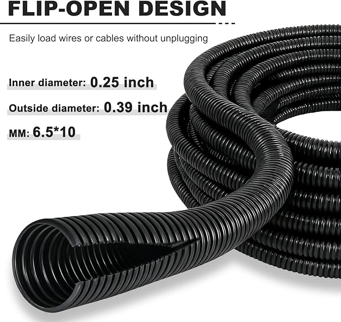 120FT 1/4 inch Split Wire Loom Tubing Kit with 2 Clamps - Flexible Abrasion Resistant Conduit for Automotive, Mechanical Cable Protection