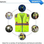 SKSAFETY 10 Pockets Safety Vest, Class 2 High Visibility Security with Zipper Double-sided mesh, Hi Vis Vest with Reflective Strips, ANSI/ISEA Standard, Construction Work Vest （Lime, 4XL）