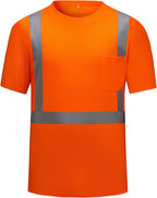 High Visibility Shirts Quick Dry Safety T Shirts with Reflective Strips and Pocket Short Sleeve Mesh Hi Vis Construction Work Class 2 Shirt for Men/Women Orange,4XL