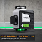 Firecore 4 x 360 Laser Level Self Leveling, 16 Lines Green Beam 4D Cross Line Tiling Floor Tool, 3 Gear Brightness Adjustment/Pulse Mode for Construction, 2 Li-ion Batteries, Remote Control included