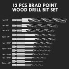 Brad Point Wood Drill Bit Set, 12Pcs Hex Shank Drill Bit Set with Double Flutes Design for Carpenter Woodworking and All Types of Wood (1/8" - 1/2")