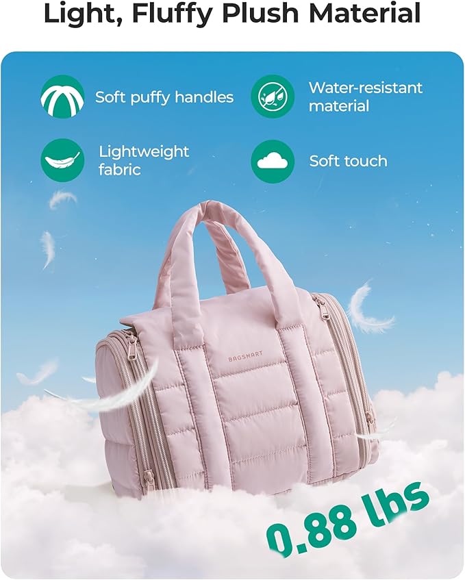 BAGSMART Puffy Travel Makeup Bag, Portable Hanging Toiletry Organizer with Removable Partition, Organizer for Travel-Sized Shampoo, Conditioner, Brushes Set, makeup Accessories, Camel