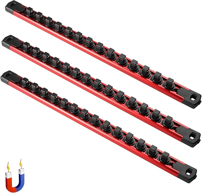 ALOANES 3-Piece Magnetic Tool Organizer, Heavy Duty Aluminum Rails, 360 Swivel Socket Holder Kit with 42 Clips (Red, 3/8-Inch)