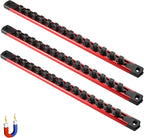 ALOANES 3-Piece Magnetic Tool Organizer, Heavy Duty Aluminum Rails, 360 Swivel Socket Holder Kit with 42 Clips (Red, 3/8-Inch)