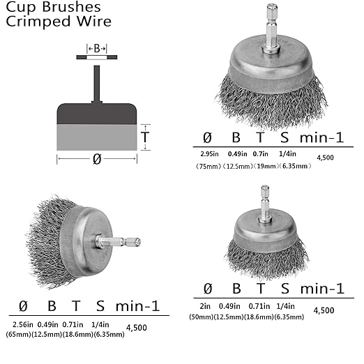 Wire Wheel Cup Brush Set,0.012-Inch Coarse Crimped Carbon Steel,Die Grinder Wire Brush for Drill,1/4In Hex Shank,Wire Drill Brush Se (12 Pack)