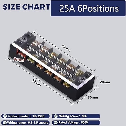 Terminal Block (4 Sets) 4Pcs 6 Positions Dual Row 600V 25A Screw Terminal Strip Blocks with Cover&4Pcs Pre-Insulated Barrier Termina Block Strip& 24Pcs Insulated Fork Wire Connector