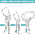 DURATECH 6-Piece CR-V Pliers Set - 6-1/2', 9-1/2' Long Nose, 5', 7' & 10' Curved Jaw, 6' C-Clamp, Fast Release with Oxford Rolling Pouch