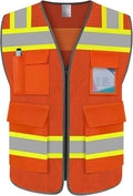 TCCFCCT Reflective Safety Vest 5 Pockets Mesh High Visibility Vest for Men Women, Hi Vis Construction Work Vest with Fluorescent Orange Edge, Reinforced Sewing, Meet ANSI/ISEA, DW-Orange, S