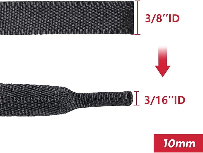 2:1 Ratio Automotive Heat Shrink Braided Sleeve, Cord Protector, Wear-Resistant Fabric Flat Woven Shrinkable Tubing Wires Hoses Protection (3/8"-15ft)