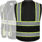 JKSafety 10 Pockets Hi-Vis Zipper Front Black Safety Vest | Cushioned Collar | High Reflective Tapes with Extended Neon Yellow Strips | Meets ANSI/ISEA Standards (Large, 89-Black)