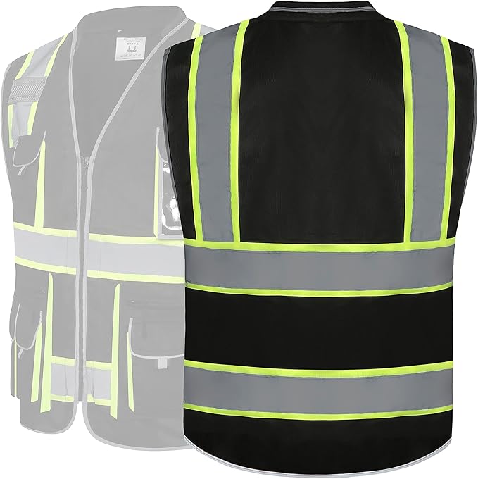 JKSafety 10 Pockets Hi-Vis Zipper Front Black Safety Vest Meets ANSI/ISEA Standards (Medium, 89-Black)
