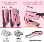 SHALL Pink Electric Staple Gun, 2 in 1 Cordless Upholstery Stapler Nail Gun for Wood, 4V Rechargeable Brad Nailer Kit w/ 2500 Staples Nails, Staple Remover & Fast Charger for Crafts, DIY, Decoration