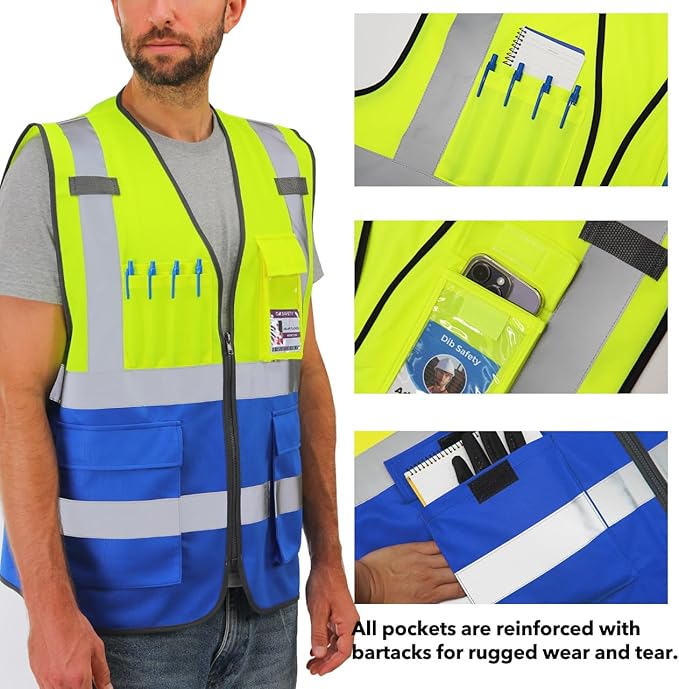 Dib Safety Reflective Vest High Visibility with Pockets and Zipper, Yellow and Blue L