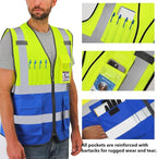 Dib Safety Reflective Vest High Visibility with Pockets and Zipper, Yellow and Blue 2XL