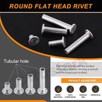 201Pcs 5 Sizes M5 Aluminum Flat Head Semi Tubular Rivets Assortment Kit with Punch, Partial Hole Tubular Rivets Round Flat Head Semi Tubular Rivet Silver Tone for Household Industry Repairing