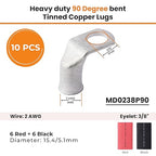 SELTERM 10pcs - 2 AWG 3/8" Stud - 90° Bent Battery Lugs - Ring Terminal Connectors with 12pcs 3:1 Black & Red 5/8" Heat Shrink Tubing - Heavy Duty Battery Cable Ends - Tinned Copper Wire Connector Kit