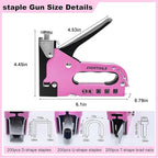 3 in 1 Staple Gun, Women Pink Manual Stapler with 600 Staples, for Wood, Cable, Crafts, Fabric, Decoration, Carpentry, Furniture, Material Repair and DIY.