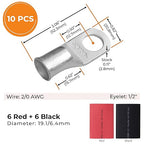SELTERM 10pcs - 2/0 Awg - 1/2" Stud - Battery Lugs - Ring Terminal Connectors with 12pcs 3:1 Black & Red Heat Shrink Tubing with Adhesive | Heavy Duty Battery Cable Ends - Tinned Copper Wire Lugs Kit