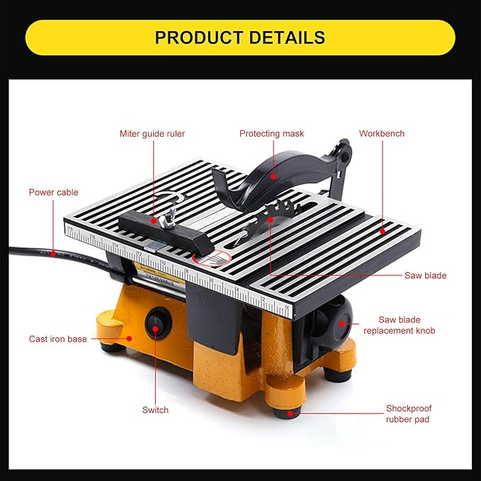 Electric Table Saw Cutter, Small Cutting Machine with Scaled Plate, Portable Woodworking Table Saw for DIY Handmade Wooden Model Crafts, Plastic, Wood, Glass, Stone