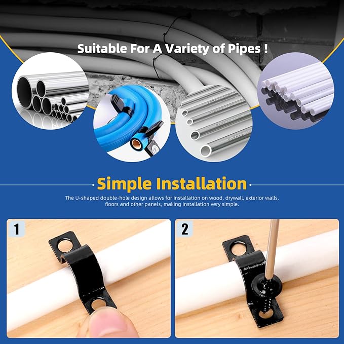 Glarks 75pcs 5mm Pipe Strap Clamp, Black Carbon Steel 2 Hole Strap Heavy Duty Rigid Pipe Strap U Bracket Tube Strap Cable Clamp Hanger Tension Tube Clip with screw for Pipe Tube Cable Fixing