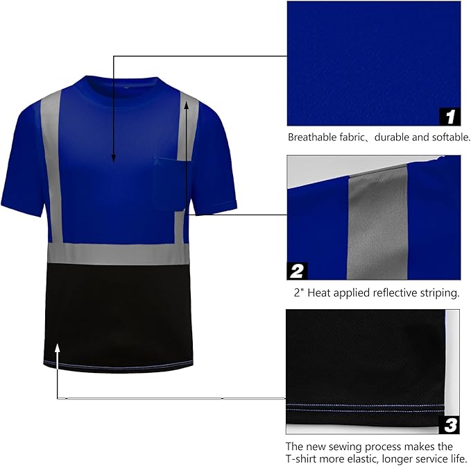 High Visibility Shirts Quick Dry Safety T Shirts with Reflective Strips and Pocket Short Sleeve Mesh Hi Vis Construction Work Class 2 Shirt for Men/Women Black Bottom Blue,Small