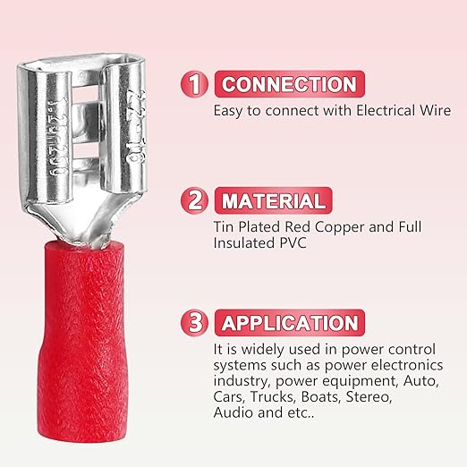 200 Pcs Red Female Quick disconnects Vinyl Insulated Spade Wire Connectors, Electrical Crimp Terminal 22-16 AWG (6.3mm)