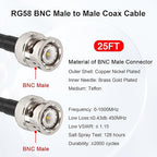 25FT RG58 50 ohm Coax Cable - Male to Male, Low Loss Extension with BNC Adapter for Antennas, RF Radios, Modems, Oscilloscopes, Spectrum, etc (Red)