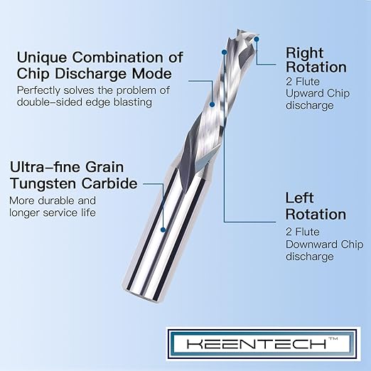 KEENTECH 1/2" Shank 2 Flute Flat Tip Compression Sprial Router Bit for CNC Router Machine, 3/8" Cutting Diameter, 1-1/4" Cutting Depth, for Wood Cutting, Custom Furniture, Slot Mortise, Engraving