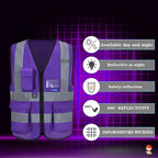 Hi Reflective Safety Vest,A-SAFETY, Hi Vis Bright Neon Colors Safety Vest with 4 Reflective Strips 7 Pockets (6XL, Purple)