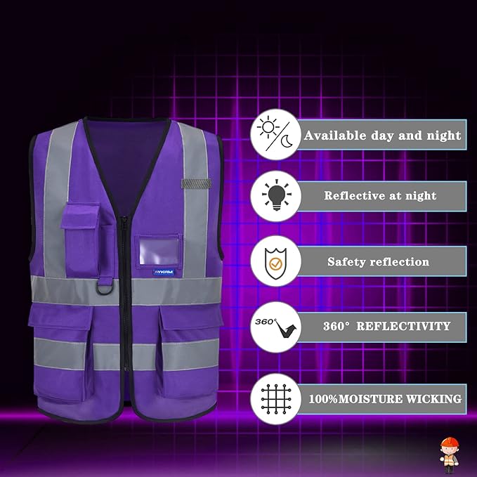 A-SAFETY XSmall Purple High Visibility Safety Vest with 4 Reflective Strips 7 Pockets,X-Small