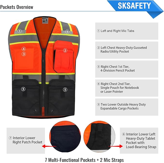 SKSAFETY 10 Pockets Professional level Safety Vest, Class 2 High Visibility Security Vest with Zipper, Hi Vis Vest with Reflective Strips, ANSI/ISEA Standard, Construction Work Vest（Orange Black, 3XL）