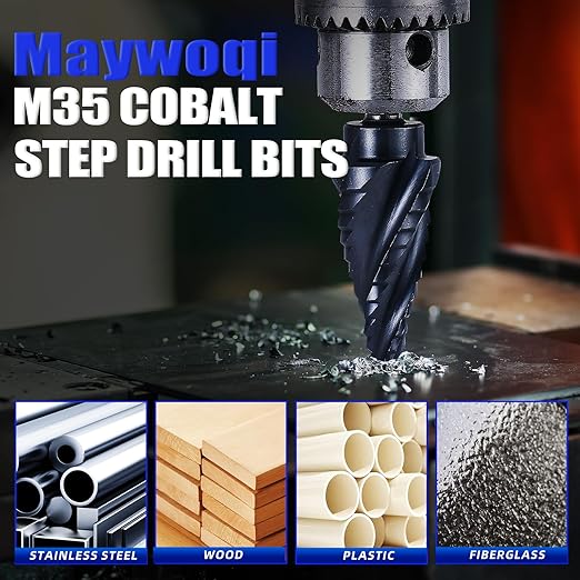 Four Spiral Flute Cobalt Step Drill Bit, 1/4"-3/4" M35 Cobalt Step Drill Bit Wear-Resistant AlTiN Coated, 1/4" Hex Shank for Hole Drilling in Stainless Steel, Copper, Aluminum, Wood, Plastic
