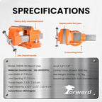 Forward Bench Vise 6 Inch Ductile Iron Bench Vice with 360 Degree Swivel Base and Channel Steel Guide Bar 30606 (6")
