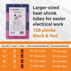 SELTERM Large Size Marine Grade Heat Shrink Tubing Kit 1, 3/4, 1/2, 5/8 Inch Assortment, 3:1 Dual Wall Adhesive Lined, for Battery Cable Lugs Wire Terminal Connectors – Black & Red [108 pcs]