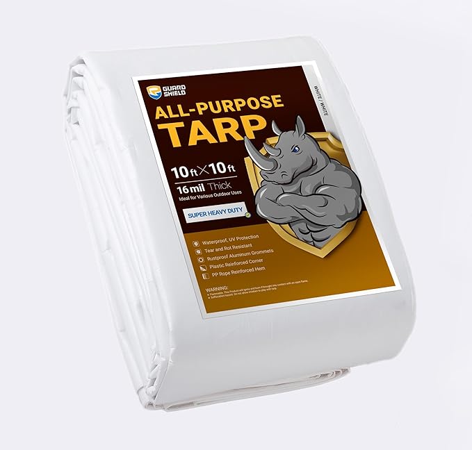GUARD SHIELD Super Heavy Duty White Ploy Tarp Cover 10x10 Feet Waterproof Tarps 16mil Thick UV and Tear Resistant Tarpualin