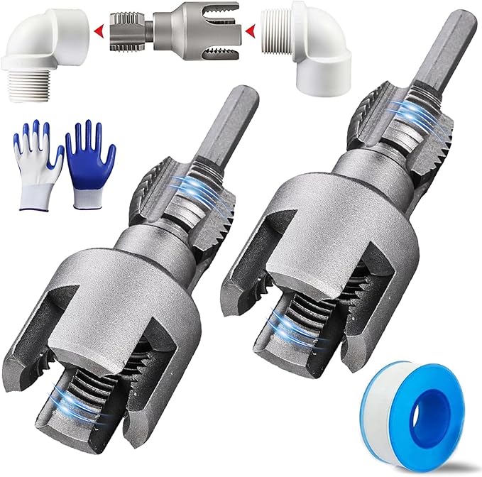 Integrated Internal & External Pipe Threading Tool, Pipe Thread Cutting Tool, Electric Drill Compatible 2 In 1 PVC Pipe Threader Kit, 1/2" 3/4" PVC Thread Maker Tool for Water Pipes (2 Pcs 1/2’’)