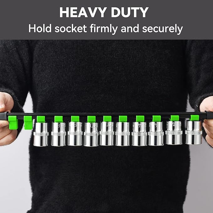 ALOANES 9 PC ABS Socket Organizer, 1/2 inch, 3/8 inch and 1/4 inch Drive Socket Rail Holders, Heavy Duty Socket Racks, Black Rails with Green Clips