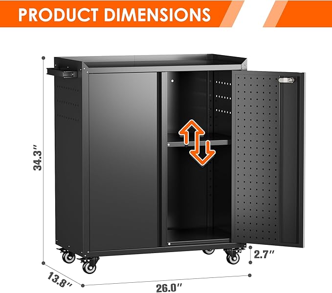 34.3" H*13.8" D*26" W Metal Garage Storage Cabinet on Wheels, Steel Rolling Tool Cabinet with Doors,Pegboard and Adjustable Shelf for Home Office Garage, Assembly Required,Black