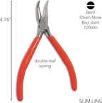 The Beadsmith Slim Line Bent Chain Nose Pliers, 4.75 inches (120mm) with polished steel head, red PVC comfort grip handle with double-leaf spring, tool for jewelry making