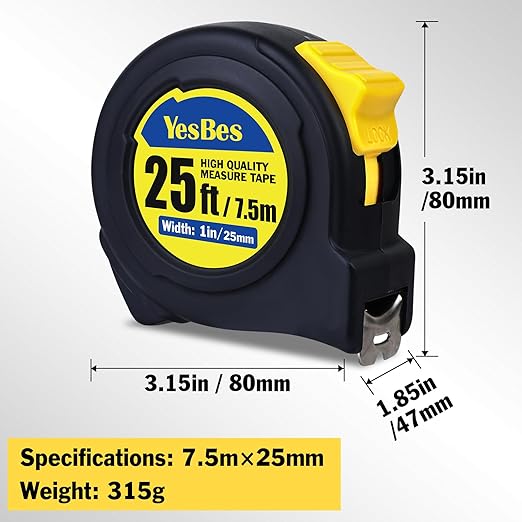 Tape Measure 25 ft, Easy Read Measuring Tape Retractable, Self-Locking Measurement Tape 1-Inch Wide x 25 ft
