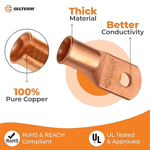 SELTERM 15pcs 1/0 AWG 1/4" Stud - UL Heavy Duty Battery Terminal Connectors, Bare Copper Battery Cable Lugs, 0 Gauge Wire Connectors, Electrical Cable Ends, Ring Terminals Copper Lugs
