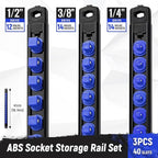 Magnetic Socket Organizer, 3-Piece Heavty Duty ABS Socket Holder, Socket Rail for Tool Box, Premium Quality 360° Swivel Socket Rack with 40 Clips for 1/2, 3/8, 1/4-Inch(Blue)