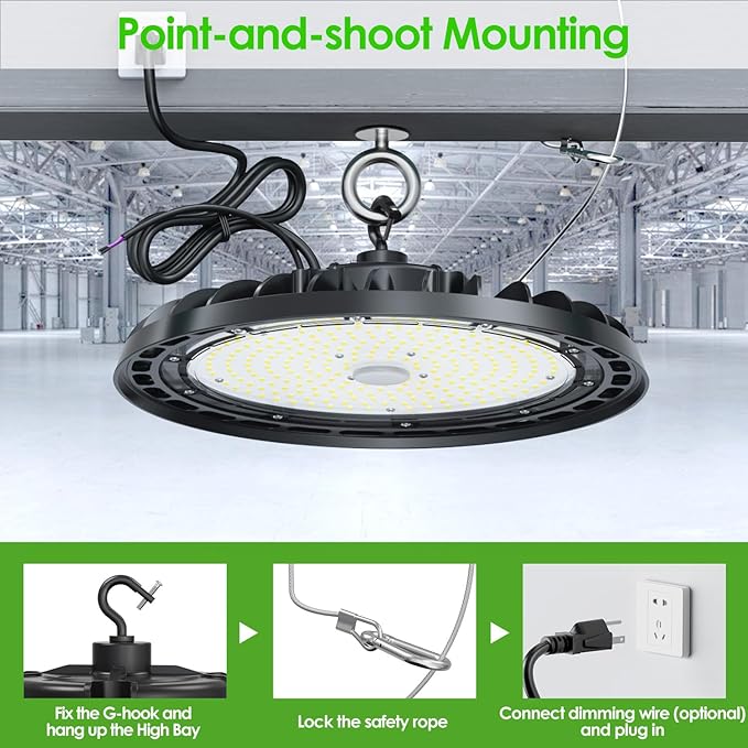 LED High Bay Light 200W, 12' UFO Commercial Lighting Fixture w/Isolated Power Supply, w/Plug for Garage Shop Warehouse Workshop, 5000k 28000lm Dimmable IP65 UL ETL Listed (1-Pack)